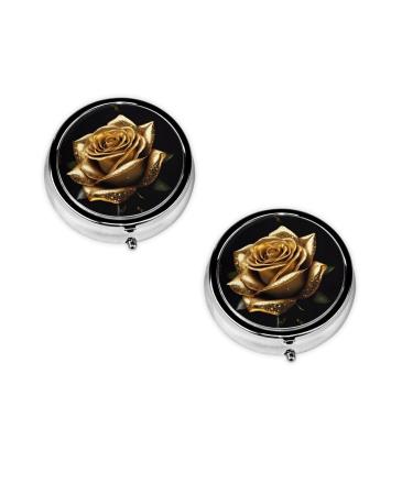 (Gold Rose) Round Pill Box 3 Compartment Pill Box Mini Decorative Pocket Purse Portable Travel Medicine Tablet Vitamin Holder Organizer Pill Case