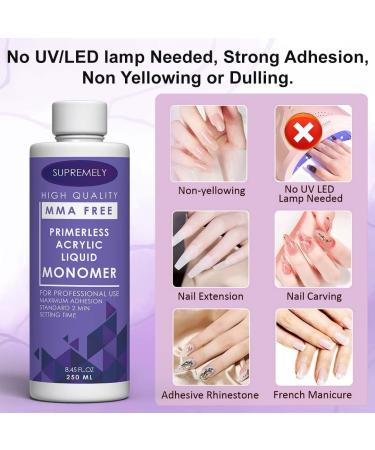 Acrylic Liquid Monomer Professional Salon MMA-FREE Non-Yellow | Medium Drying Time Maximum Strength Adhesive Nail Extension | Used for Natural Nails and Fake Nails Purple By Supremely 250ml - Buy Online on GoSupps.com
