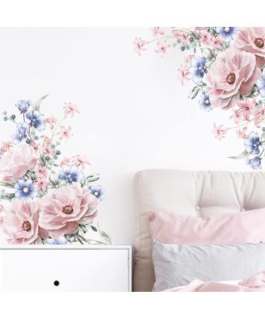 Runtoo Pink Flower Wall Art Decals Peony Floral Wall Stickers for Living Room Girls Bedroom Nursery Wall Decor Blue pink