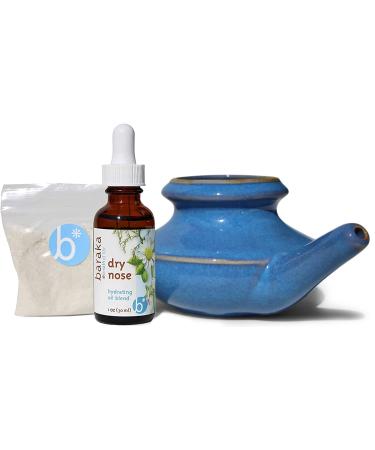 Baraka Sinus Complete Ayurvedic Care Kit - Ceramic Neti Pot (Blue) 1 oz Essential Oil Blend for Dry Nose and 2 oz Mineral Salt Rinse - Snoring & Saline Solution