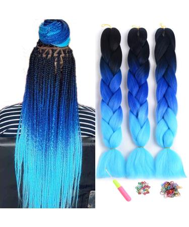 Showjarlly Kanecalon Kunsthaar Hair Kanecalon Hair Braids Extension Ombre Jumbo Braid Hair extension 24 " Kanecalon braids Box Braid Kunsthaar Hair For Inclined Black/Royal Blue/Himmel Blue# 61cm-24 inch (3 SPACE) Black/Royal Blue/Heavenly Blue