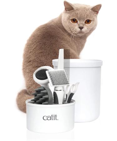 Catit Grooming Kit for Shorthaired Cats | 5-Piece Canister Set with Rubber Palm Brush, Nylon & Metal Slicker Brushes, Fine Comb, Curved Nail Clippers | White, Black, Grey | Short Hair - Buy Online on GoSupps.com