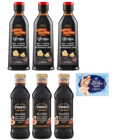 Set of 6 Monari Federzoni Test Packets 300g + Ponti 250g Glassa all'Aceto Balsamico di Modena, Ice Cream with Balsamic Vinegar of Modena I.G.P. + 1 x Felce Azzurra Talcum Powder 100g