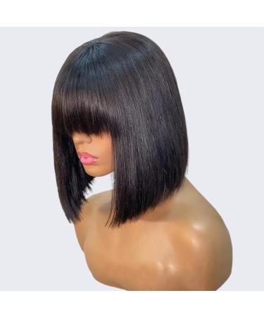 Bob Wig with Bangs 12 Inch Short Bob Straight Bang Wig Human Hair For Women 150% Density None Lace Front Wigs Machine Made Straight Bob Wig Human Hair With Bang 12 Inch Natural Color