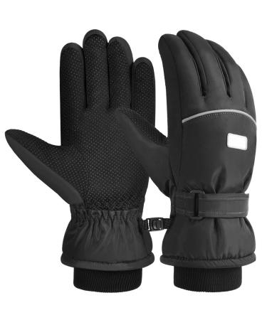 Kids Winter Gloves Snow Ski - Boys Girls Warm Waterproof Windproof Cold Weather Thermal Fleece Anti Slip Mittens with Grip for Skiing Snowboard Outdoor Sport Black Aged 6 - 12 Years Black 8 - 10 Years