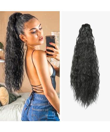 FDEETY 22 Inch Ponytail Hair Extension Piece Long Corn Curly Heat Resistant Synthetic Clip in Curly Wave Ponytail Hair Pieces For Women Girls (Natural Black) - Buy Online on GoSupps.com