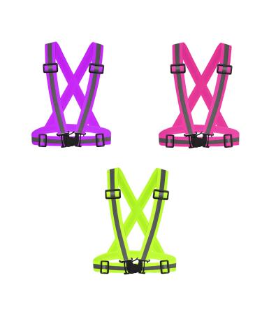 3 Pack Safety Reflective Vest Running Gear Adjustable Lightweight 360 High Visibility for Outdoor Walking Jogging Green + Rosepink + Purple