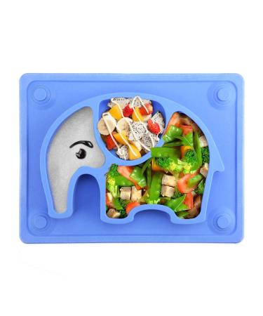 SILIVO Suction Plate Baby Non-Slip Silicone Baby Plate Toddler Plate Suction Plates and Placemat for Babies Weaning(10"x7.8"x1.1") Blue Elephant
