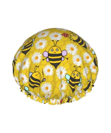 Cute Bee And Flowers Pattern Shower Cap Women Reusable Long Hair Caps With Elastic Band Double Layer Bathing Shower Hat For Adults Kids