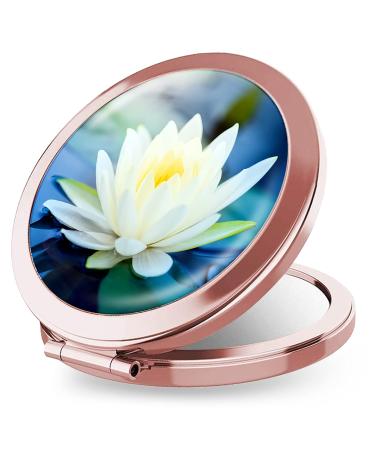 iampanda Compact Rose Gold Mirror for Women Round Mini Pocket Makeup Mirror for Purse Pretty Folding Travel Mirror with 2X Magnifying (Beautiful Lotus Flower)