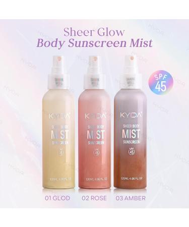 KYDA Sheer Body Sunscreen Mist SPF 45 Radiant Glow Sunscreen Spray Infused with Shimmer Body Oil Ultra-fine Glowing Mist Quick Drying Lightweight Hydrating Spray ROSE 4.06 fl oz - Buy Online on GoSupps.com