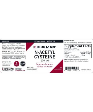Kirkman N-Acetyl Cysteine 100 mg - Hypoallergenic NAC Capsules | Gluten & Casein Free Antioxidant | Immune Support | 100 Vegetarian Capsules - Buy Online on GoSupps.com