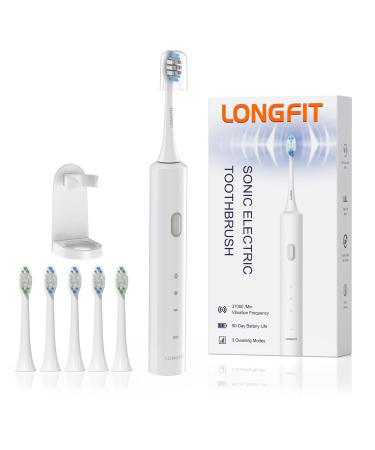 Electric Toothbrush for Adult Ultrasonic, LONGFIT Basic 90 Days Standby 37000VPM Clean Massage Sensitive Modes with 5 Replacement Toothbrush Heads White I