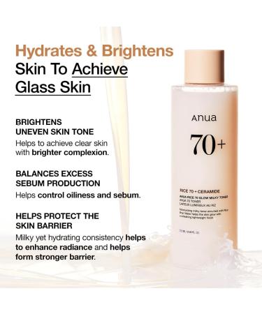 ANUA Rice 70 Glow Milky Toner - Achieve Glass Skin & Brightening | Rice Water Niacinamide Ceramides | Fragrance-Free Fungal Acne Safe - 250ml - Buy Online on GoSupps.com