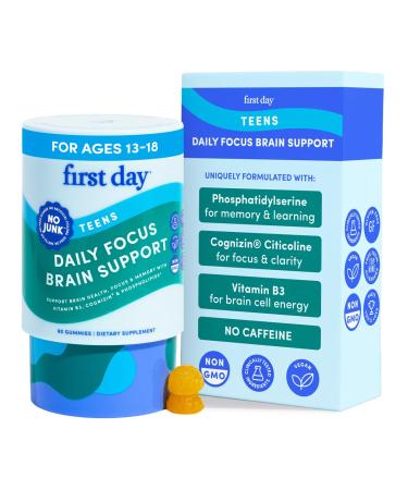 FIRST DAY Teen Brain & Focus Supplement Gummies Ages 13 18 | Study & Concentration Support with Cognizin Citicoline & Phosphatidylserine | Vegan, Non-GMO, Caffeine-Free | 30-Day Supply