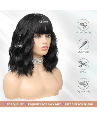 Elfairy 12 Short Bob Wavy Curly Wig with Bangs - Heat Resistant Natural Black Hair Replacement Wig for Women - Buy Online on GoSupps.com
