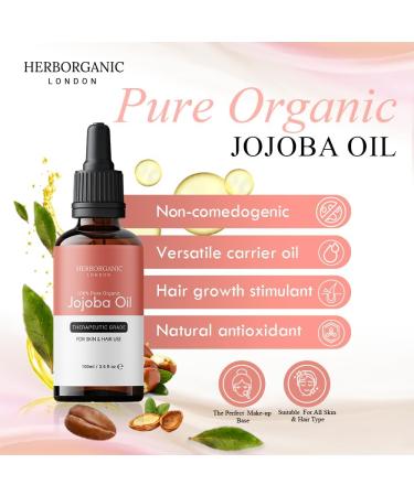 HERBORGANIC Jojoba Essential Oil Carrier Oil - Pure Jojoba Oil for Skin and Hair Care - Natural Moisturizer for Face Body and Scalp - Cold Pressed Unrefined Hexane-Free - 100ml - Buy Online on GoSupps.com