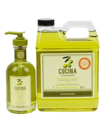 Cucina Hand Soap 200 Milliliter and 1 Liter Refill Set (Coriander and Olive Tree)