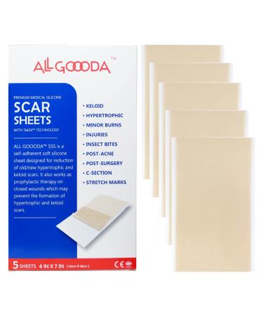 ALL GOOODA Silicone Scar Sheets Strips Tape 4 x7 5 Sheets  Scar Removal Reducing Away Surgical Treatment Keloid Bump Surgery Burn Tummy Tuck Acne C-Section Stretch Marks Silicon Cream - Buy Online on GoSupps.com