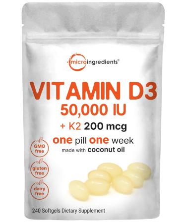 Vitamin D3 50 000 IU Plus K2 (MK-7) 200 mcg 240 Virgin Coconut Oil Softgels | 2 in 1 Vitamins D & K Complex | Supports Calcium Absorption Bone Immune & Heart Health | Easy to Swallow - Buy Online on GoSupps.com