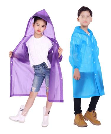 Makonus Raincoat for Kids, Pack of 2 EVA Kids Rain Coats Reusable Rain Poncho Jacket for Boys and Girls Blue/Purple
