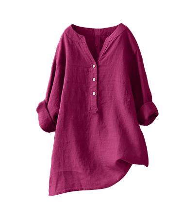 Women's Cotton and Linen V Neck Short Sleeves Floral Print Casual Loose Fit Tunic Tops Plus Size Basic Tshirt Summer Going Out Work Office Blouses Tops 4180-qppoj-wine-e XL