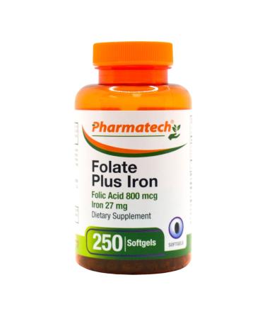 PHARMATECH Folic Acid Supplement Folate Prenatal Folic Acid 800 mcg Plus Iron 27 mg Vitamin B9 Prenatal Folic Acid Fast Absorption 250 Softgels