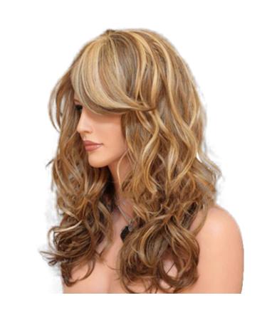Buy FAMKIT 24 Long Wavy Curly Brown & Blonde Highlights Synthetic Bangs Wig - Heat Resistant Perfect for Women - International Shipping Available - Buy Online on GoSupps.com