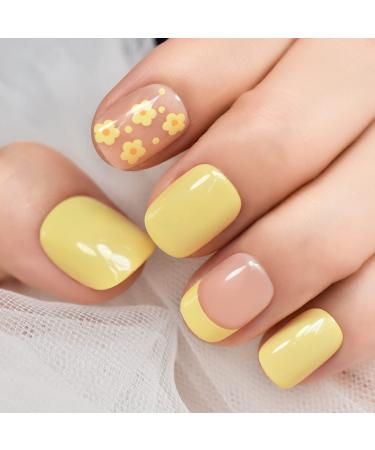 EchiQ Yellow Flowers Press On Nails  Glossy Gel Polish DIY Finishes False Nails   Manicure Faux Ongles  Gift Daily Date  Cute Reusable Professional  Short Medium Squoval Round  Women Girls  Acrylic Safe Material Fake Nai...
