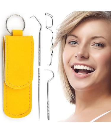 Stylenbest 4-Part Portable Stainless Steel Tooth Holder Set | Tartar Remover & Mouth Care Kit for Camping | Yellow Leather Case - Buy Online on GoSupps.com