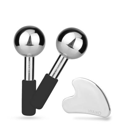 ICE Globes for Facials & Gua Sha Set Gua Sha Facial Tools and Cryo Sticks with Unbreakable Steel Face Massager Cooling Rollers for Dark Circles Puffiness and Lymphatic Drainage (Black)