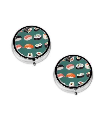Sushi Printed Mini Round Pill Box Pill Box 3 Compartment Medicine Pill Case Pill Organizer Travel Pillbox Portable Pill Box for Pocket Home Office Use