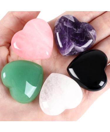 5Pcs 1.2" Rose Quartz Heart Crystals Amethyst Healing Crystal Love Stone Polished Thumb Palm Natural Worry Gemstones Reiki Balancing Metallic - 5pcs