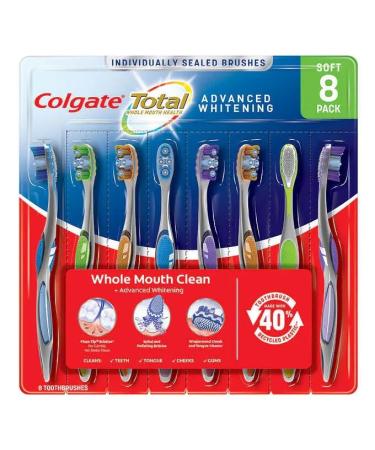 Colgate Total Whole Mouth Health Advanced Whitening Soft Floss Tip Bristles Wraparound Cheek and Tongue Cleaner Spiral Bristles - 8 Toothbrushes