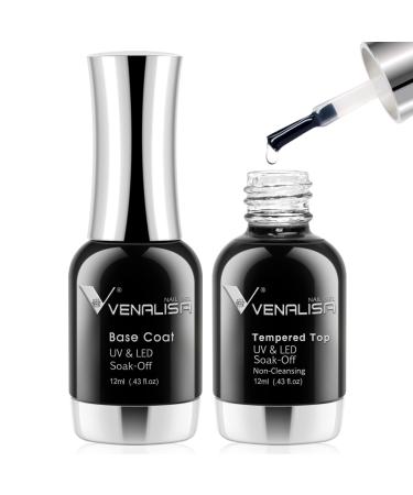 VENALISA 2 Pcs No Wipe Tempered Gel Top Coat and Base Coat Set Gel Nail Polish Soak Off UV LED Nail Gel Polish Nail Art Starter Manicure Salon DIY at Home