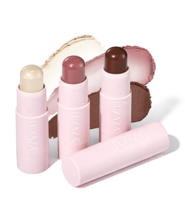 LUXAZA 3PCS Cream Blush Stick + Highlighter Stick + Bronzer / Contour Stick, Complete Face Make up Kit Sticks Trio Wand, Lightweight Dewy Finish for Girls and Women, Highlight ( Pearl ) #01 + Contour ( Matte ) #01 + Blush ( Matte ) #04 #H01 + #C01 + #B04 