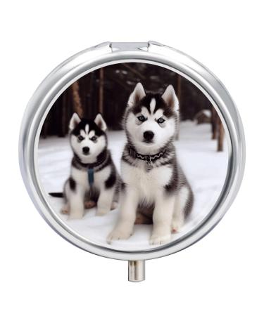 Round Pill Box Adorable Huskies Print 3 Compartment Medicine Pill Case Print Pill Organizer Decorative Metal Portable Pill Box Pocket Pill Box Style