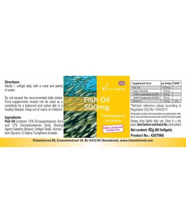 Fish Oil 500mg - 60 Softgels Natural Source of Omega-3 Fatty Acids 18% EPA and 12% DHA Safe Dosage | Vitamintrend  - Buy Online on GoSupps.com