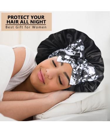 2pcs Large Silk Bonnets with Tie Band for Sleeping Curly Hair - A-black & Rose Gold - Buy Online on GoSupps.com