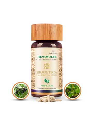 Biogetica Hemosolve Herbal Daily Iron Supplement with Kassisa Mineral and Sarsaparilla Root - Non-GMO - 100% Vegan Ayurveda Supplement - 80 Capsules