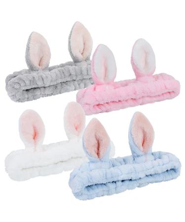 4 Pack Elastic Makeup Headbands for GirlsWomen’s Lovely Bunny Ears HeadbandsCoral Fleece for Washing Face Head Wraps