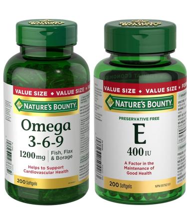 Nature's Bounty Omega 3 6 9 Fish Oil 1200mg Pills Supplement & Vitamin E Pills And Supplement Helps Maintain Health 400Iu 200 Softgels Supplement + Vitamin E Pills