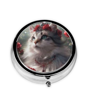 Cat Wearing Crown Portable Metal Pill Box Round Mini 3-Compartment Plastic Insert hinged Fastening Design Suitable for Small Pills Must-Have for Travel