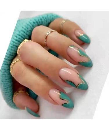 NLOOKS Press on Nails Medium Almond Shape Glossy Fake Nails with Nail Glue Kit Acrylic Nail Tips Set Manicure for Women  Girls - (Green Wave)  0.17 Fl Oz