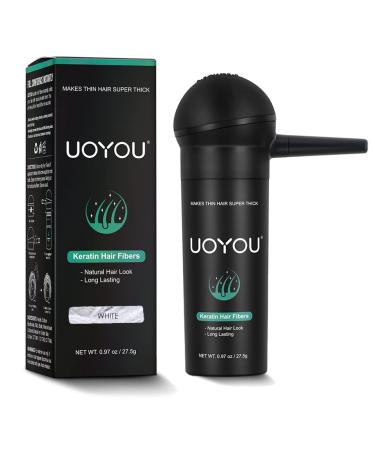 UOYOU WHITE Hair Fibres for Thinning Hair 27.5g Bottle with Applicator | Undetectable & Natural Keratin Hair Fibers Concealer for Hair Loss for Men and Women | Hair Building Fibres Powder WHITE 27.50 g (Pack of 1) White