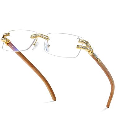 Retro Rimless Blue Light Glasses for Women Men Square Luxury Crystal Glasses Fashion Wood Eyewear Banboo