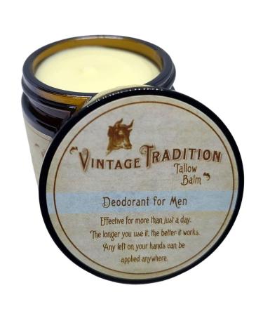 Vintage Tradition Beef Tallow Mens Natural Deodorant 2 Fl. Oz. Travel Size Deodorant with Olive Oil Fir Tree and Thyme Essential Oil Blend Aluminum- and Chemical-Free Underarm Balm Deodorant for Men