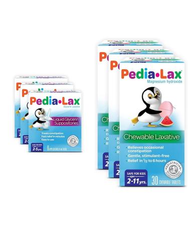 Pedia-Lax Laxative Liquid Glycerin Suppositories for Kids Ages 2-5 6 CT 3 Pack and Chewable Tablets for Kids Ages 2-11 Watermelon Flavor 30 Count 3 Pack Bundle
