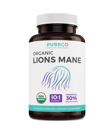 USDA Organic Lions Mane Capsules - 10:1 Extract Equals 10 000mg of Lion s Mane Mushroom - Powerful 30% Polysaccharides - for Energy Memory and Focus Supplement - 60 Vegan Capsules (No Pills/Powder)