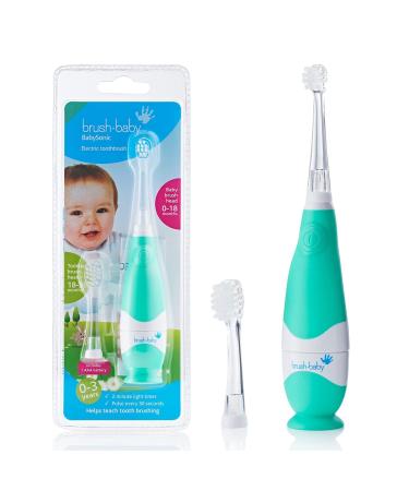 Brush Baby BabySonic Infant and Toddler Electric Toothbrush for Ages 0-3 Years - Smart LED Timer and Gentle Vibration Provide a Fun Brushing Experience - Includes 2 Sensitive Brush Heads (Teal)